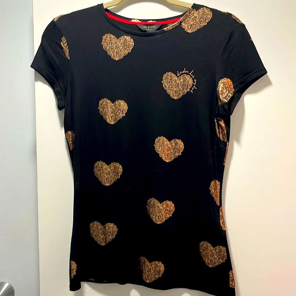 Ted Baker designer Tee with hearts of glittery rose gold. Size 1